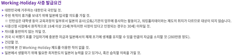 Working-holiday 사증 발급 요건